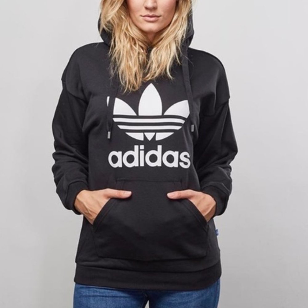 Adidas Originals Trefoil Logo Black Hooded Sweatshirt Size Medium - Picture 1 of 7